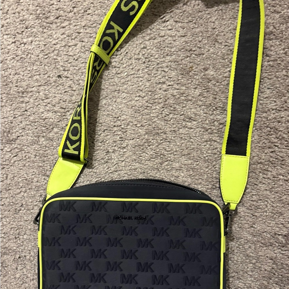 Michael Kors Black and Neon Yellow Messenger Bag